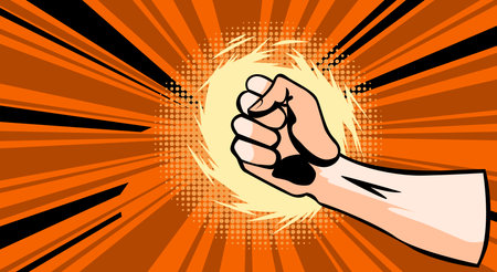 Hand fist with comics background. Blow fist flat cartoon banner. Vector hand strike as a concept energy and powerのイラスト素材