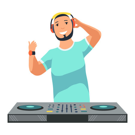 Dj character. Male party musician in headphones for event music record console vector people. Dj music party, musician in headphones illustrationのイラスト素材