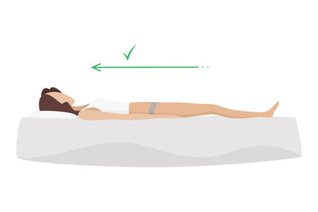 Correct sleeping body posture. Healthy sleeping position spine on orthopedic mattress and pillow. Caring for health of back, neck. Vector illustrationのイラスト素材