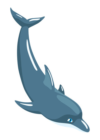 Dolphin cartoon character. Ocean mammal in motion isolated on white. Wild nature animal. Vector illustration of sea life blue fishのイラスト素材