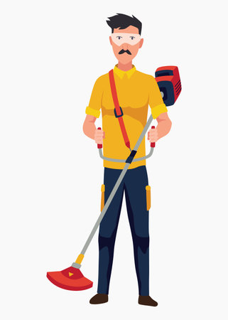 Professional gardener working on backyard and mowing lawn with electric mower. Male handyman cutting grass in garden. Colored flat cartoon vector illustration of professional workerのイラスト素材