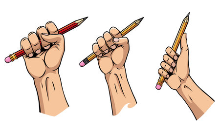 Hand fist holding pencil set. Power of art concept. Tools for drawing. Motivation poster tools for drawing. Vector illustration flat style designのイラスト素材
