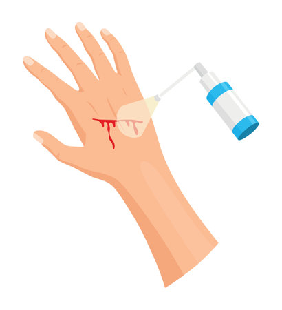 Hands injured skin and procedures of bandaging. First aid for wound. Medicine cure or treatment. First emergency help for human hand traumaのイラスト素材