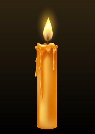Burning candle with dripping or flowing wax. Yellow candle with golden flame. Lit and melted wax. Illustration of beautiful glowing candle on dark backgroundのイラスト素材