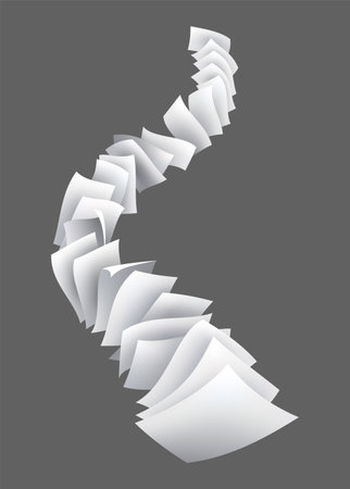 Realistic falling paper sheets. Set of flying curved leaves of paper. Vector loose soar of notes with curled edges. Fly scattered notes, empty chaotic paperworkのイラスト素材
