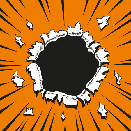 Comic book hole. Vector paper is torn through boom explosion. Circle hole in the middle on color background. Comic style cover template or flyer wallpapersのイラスト素材