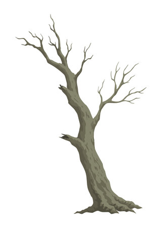 Old dead tree. Hand draw leafless trunk. Winter or autumn season plants icon, dry naked branch silhouette. Nature ecology problems concept. Isolated vector illustrationのイラスト素材