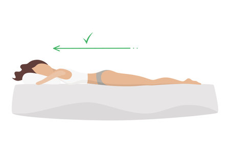 Correct sleeping body posture. Healthy sleeping position spine on orthopedic mattress and pillow. Caring for health of back, neck. Vector illustrationのイラスト素材