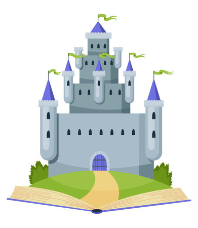 Fairy tale castle. Medieval royal mansion architecture. Beautiful fairy-tale tower for princess, historic fortified building. Knight castle, imagination concept. Isolated cartoon vector illustrationのイラスト素材