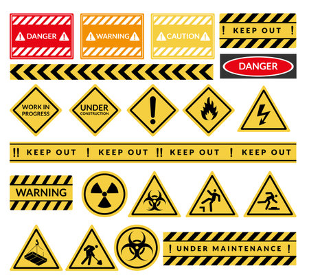 Danger warning boards icon set. Caution and dangerous areas. Yellow signs for safety, hazard shock. Keep out caution warning and risk zone. Vector cartoon illustrationのイラスト素材