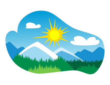 Nature sun icon. Colorful summer landscape isolated for template emblem. Ecological or nature symbol on white. Sunny summer vector illustrationのイラスト素材