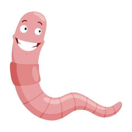 Funny worm laughs. Pink crawler amazemented. Earth worm cartoon character, wildlife nature. Insect for kids illustrationのイラスト素材