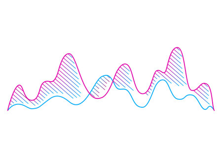 Color sound wave. Audio digital equalizer technology, musical pulse vector Illustration. Voice line waveform or volume level symbol. Curve radio waveのイラスト素材