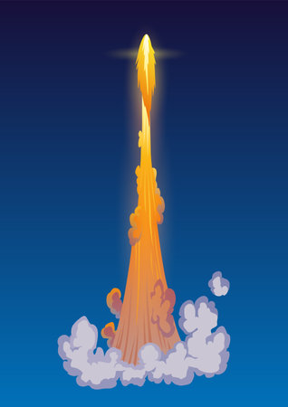 Rocket trail fire smoke, spaceship launch with clouds, spaceflight effects. Space rocket of galaxy shuttle or spacecraft engine. Cartoon vector illustrationのイラスト素材