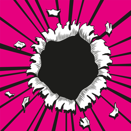Comic book hole. Vector paper is torn through boom explosion. Circle hole in the middle on color background. Comic style cover template or flyer wallpapersのイラスト素材