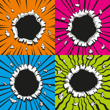 Set of comic book holes. Vector paper is torn through boom explosion. Circle holes in the middle on color backgrounds. Comics style cover template or flyer wallpapersのイラスト素材