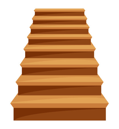 Game castle stairs in cartoon style. Medieval ancient ladder flights without railings, wood step treads and rock risers with cracked details. Vector staircase isolated on whiteのイラスト素材
