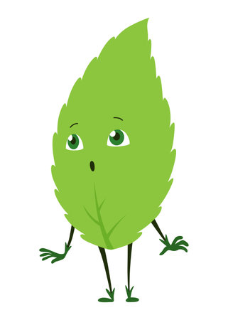 Green leaves character. Cute happy funny leaf character. Vector illustration isolated on white backgroundのイラスト素材