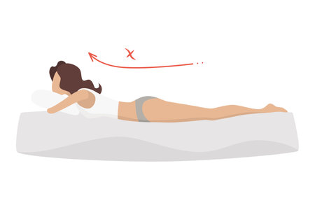Incorrect sleeping body posture. Not healthy sleeping position spine in various mattresses and pillow. Caring for health of back, neck. Vector illustrationのイラスト素材