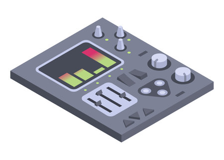 Isometric control panel spaceship with slider, controllers, buttons. 3d dashboard on white background. Aircraft toggle switches panel vector illustrationのイラスト素材