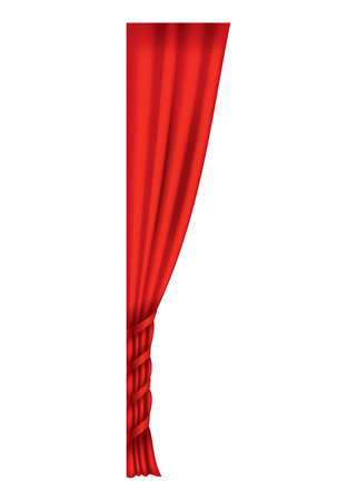 Red curtains realistic. Theater fabric silk decoration for movie cinema or opera hall. Curtains and draperies interior decoration object. Isolated on transparent for theater stageのイラスト素材