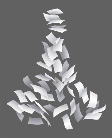 Realistic falling paper sheets. Set of flying curved leaves of paper. Vector loose soar of notes with curled edges. Fly scattered notes, empty chaotic paperworkのイラスト素材