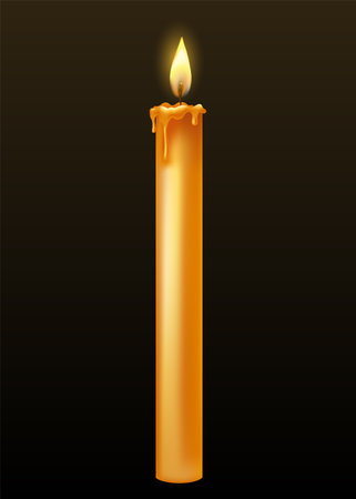 Burning candle with dripping or flowing wax. Yellow candle with golden flame. Lit and melted wax. Illustration of beautiful glowing candle on dark backgroundのイラスト素材