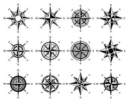 Compass icon set. Hand drawn wind rose. Old vector design element for marine theme and heraldry. Vintage rose of wind for sea marine navigationのイラスト素材