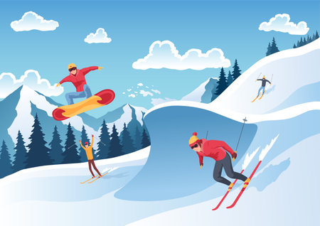 Mountain ski resort landscape. Winter web banner design. Sport on vacations or winter activity. Sports descent on skis in mountains hills. Vector cartoon illustrationのイラスト素材