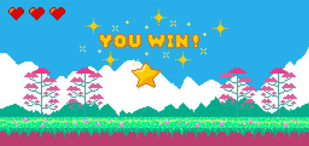 Pixel art game background. Retro 8 bit video game interface with You Win text. Old compute pixel art. Banner of pixel-game. Vector cartoon illustrationのイラスト素材