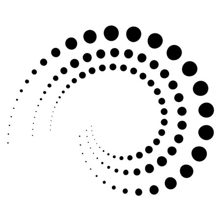 Halftone dotted speed lines circle. Geometric art in circle form. Round swirl movement symbol. Halftone circular dotted frame. Vector design elementsのイラスト素材