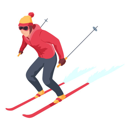 Man on mountain ski resort. Winter web banner design element. Sport on vacations or winter activity. Sports descent on skis in mountains hills. Vector cartoon illustrationのイラスト素材