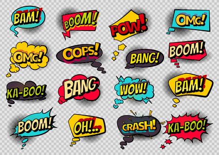 Comics book speech bubbles. Colored hand drawn retro cartoon stickers. Comic text WOW, boom, bang collection sound effects in pop art style. Funny design vector symbolsのイラスト素材