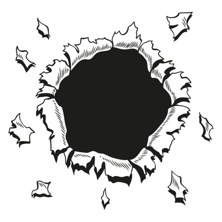 Comic book hole in coloring style. Vector paper is torn through boom explosion. Circle hole in the middle on color background. Comic style cover template or flyer wallpapersのイラスト素材