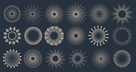 Sunbursts firework explosion, bursting or light rays, linear drawing and borders collection. Vector trendy hand drawn retro isolated design elementsのイラスト素材