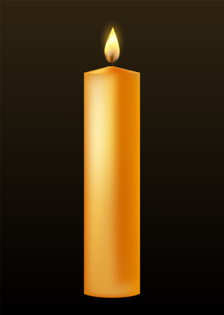 Burning tall wax candle. Yellow candle with golden flame. Illustration of beautiful glowing candle on dark backgroundのイラスト素材