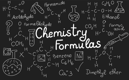 Chemistry formulas, science and education background. Chalkboard inscribed with scientific formulas and calculations in physics and mathematics. Retro vector illustrationのイラスト素材