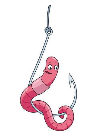 Cute worm character on hook. Fishing leisure icon. Funny symbol on fishing hook in cartoon style. Vector illustrationのイラスト素材