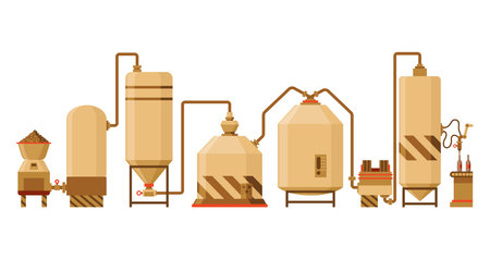 Brewery. Vintage brewing machine concept with tubes and copper tanks. Beer making process equipment, machinery symbol suitable for game asset, infographic or book print. Isolated vector illustrationのイラスト素材