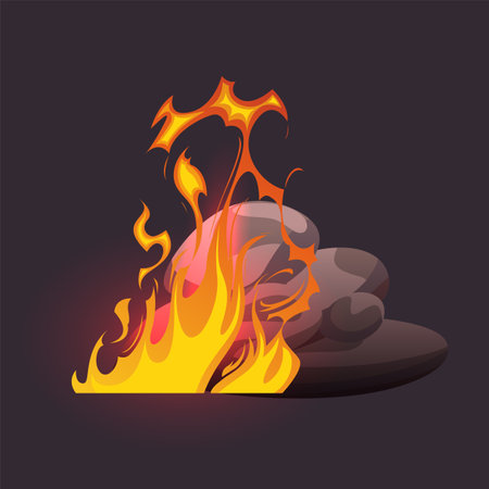 Cartoon fire game effect. Hot flame comic graphic illustration for ui design. Danger flammable attack motion detail. Isolated burning and fiery power with heat light trailのイラスト素材