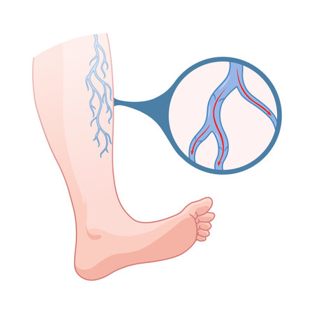 Varicose veins. Blue blood vessel visible through the skin, abnormally swollen leg. Vascular disease diagnostic and treatment. Venous insufficiency medical diseaseのイラスト素材