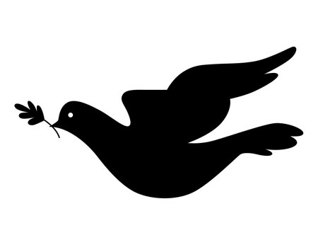 Dove silhouette icon. Black shape of pigeon. Vector flying dove with olive branch on white backgroundのイラスト素材