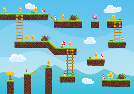 Game level map. Arcade 2d video game for old computer or console. Cartoon computer or mobile arcade with bonus items, jumping road to goal play. Vector cartoon illustrationのイラスト素材