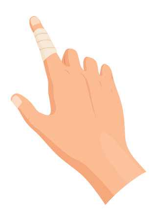 Hands injured skin and procedures of bandaging. First aid for wound. Medicine cure or treatment. First emergency help for human hand traumaのイラスト素材
