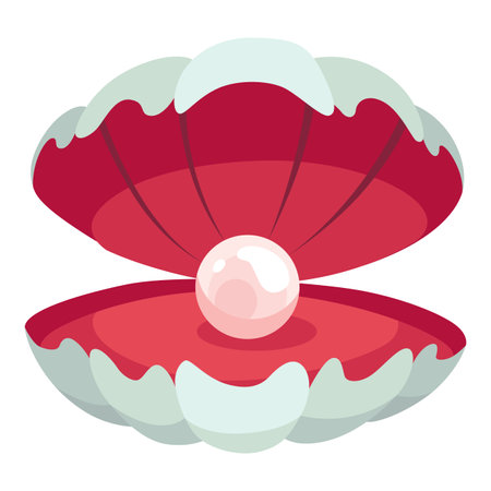 Pearl in seashell. Open seashell scallop and pearl shell icon. Beautiful pearl in clam shell in cartoon flat style. Vector illustration isolated on white backgroundのイラスト素材