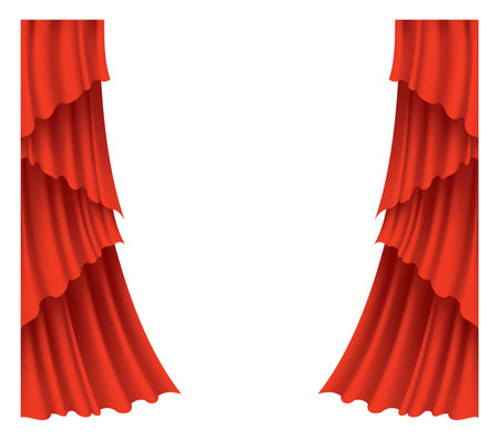 Red curtains realistic. Theater fabric silk decoration for movie cinema or opera hall. Curtains and draperies interior decoration object. Isolated on transparent for theater stageのイラスト素材