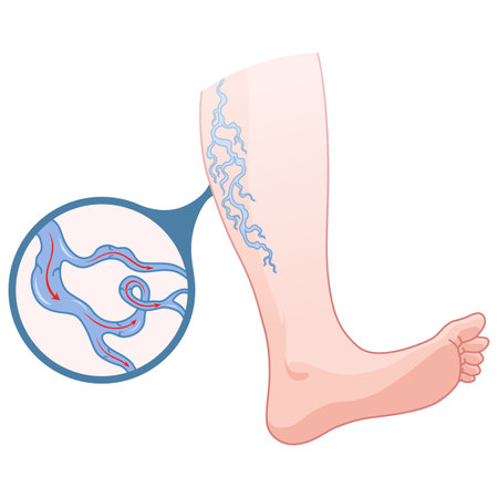 Varicose veins. Blue blood vessel visible through the skin, abnormally swollen leg. Vascular disease diagnostic and treatment. Venous insufficiency medical diseaseのイラスト素材