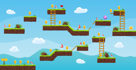 Game level map. Arcade 2d video game for old computer or console. Cartoon computer or mobile arcade with bonus items, jumping road to goal play. Vector cartoon illustrationのイラスト素材