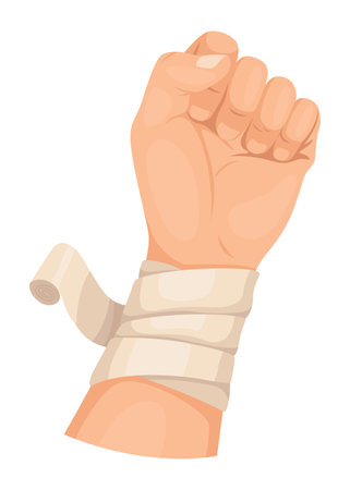 Hands injured skin and procedures of bandaging. First aid for wound. Medicine cure or treatment. First emergency help for human hand traumaのイラスト素材