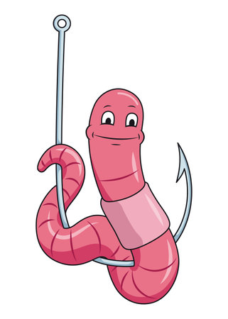 Cute worm character on hook. Fishing leisure icon. Funny symbol on fishing hook in cartoon style. Vector illustrationのイラスト素材
